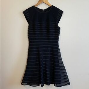 Betsy & Adam Black Fit & Flare Dress Cap Sleeve Sheer with Stripes